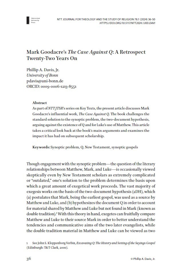Mark Goodacre’s The Case Against Q: A Retrospect Twenty-Two Years On